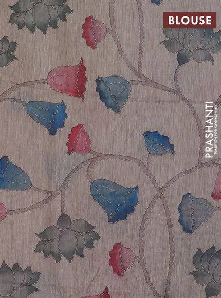 Art linen saree light green and beige with plain body and kalamkari printed pallu