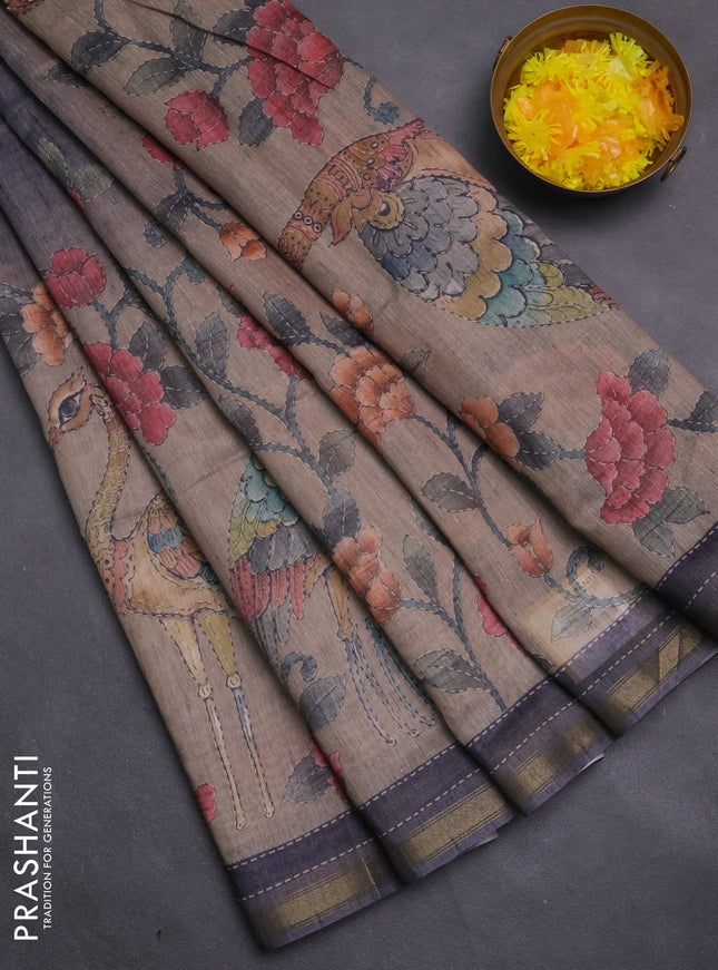 Art linen saree grey and beige with plain body and printed pallu