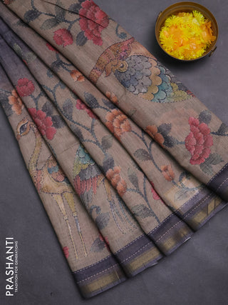 Art linen saree grey and beige with plain body and printed pallu