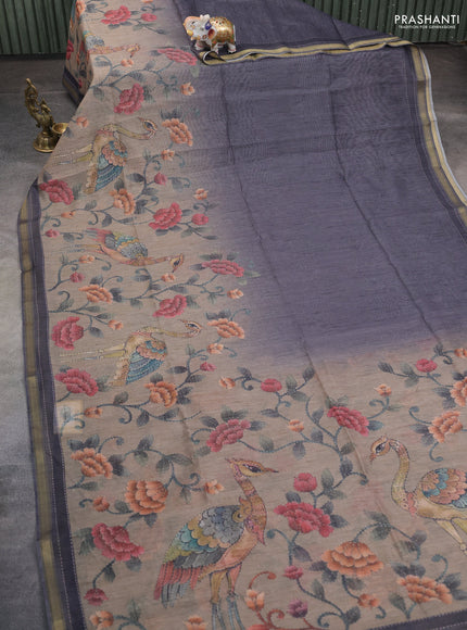 Art linen saree grey and beige with plain body and printed pallu