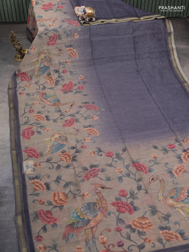 Art linen saree grey and beige with plain body and printed pallu