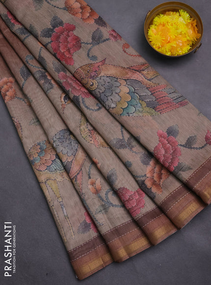 Art linen saree brown and pastel green with plain body and printed pallu
