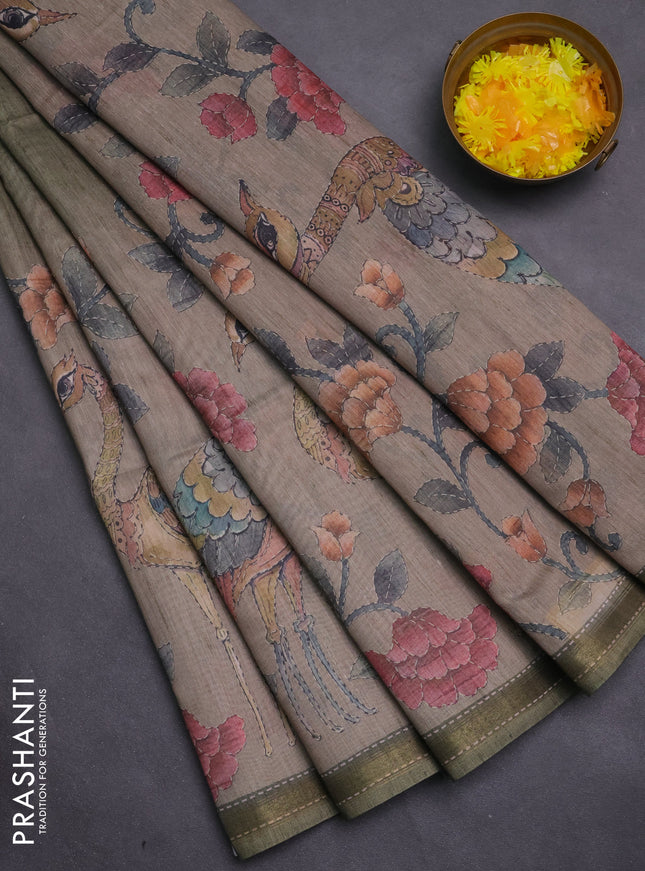 Art linen saree sap green and pastel grey with plain body and printed pallu