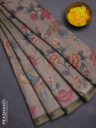 Art linen saree sap green and pastel grey with plain body and printed pallu