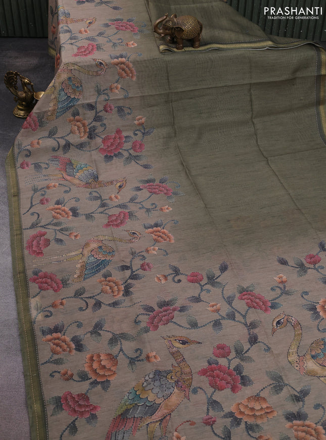 Art linen saree sap green and pastel grey with plain body and printed pallu
