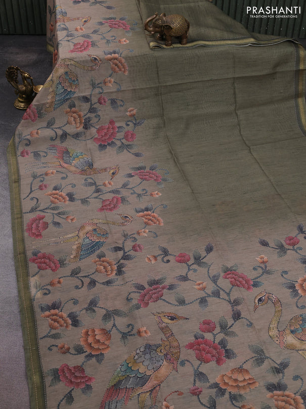 Art linen saree sap green and pastel grey with plain body and printed pallu