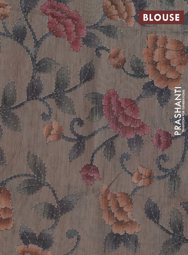 Art linen saree sap green and pastel grey with plain body and printed pallu