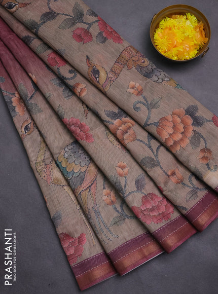Art linen saree maroon and pastel green with plain body and printed pallu