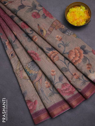 Art linen saree maroon and pastel green with plain body and printed pallu