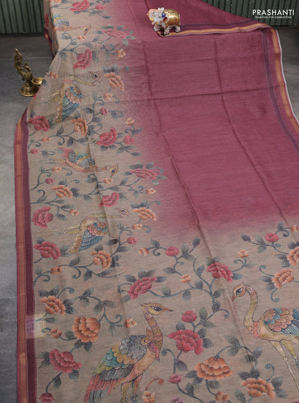 Art linen saree maroon and pastel green with plain body and printed pallu
