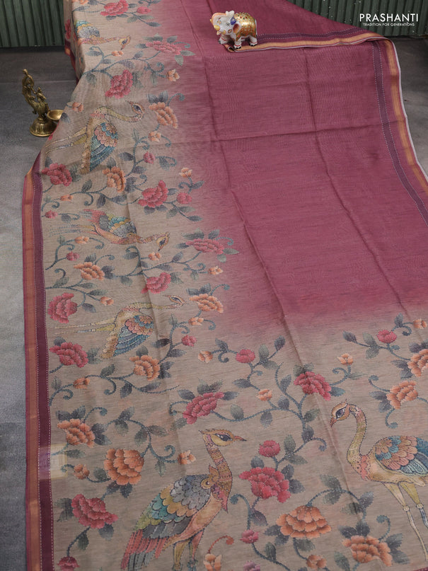 Art linen saree maroon and pastel green with plain body and printed pallu