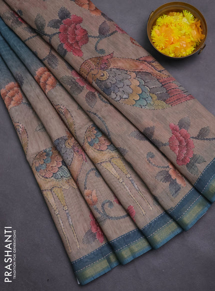 Art linen saree peacock blue and beige with plain body and printed pallu
