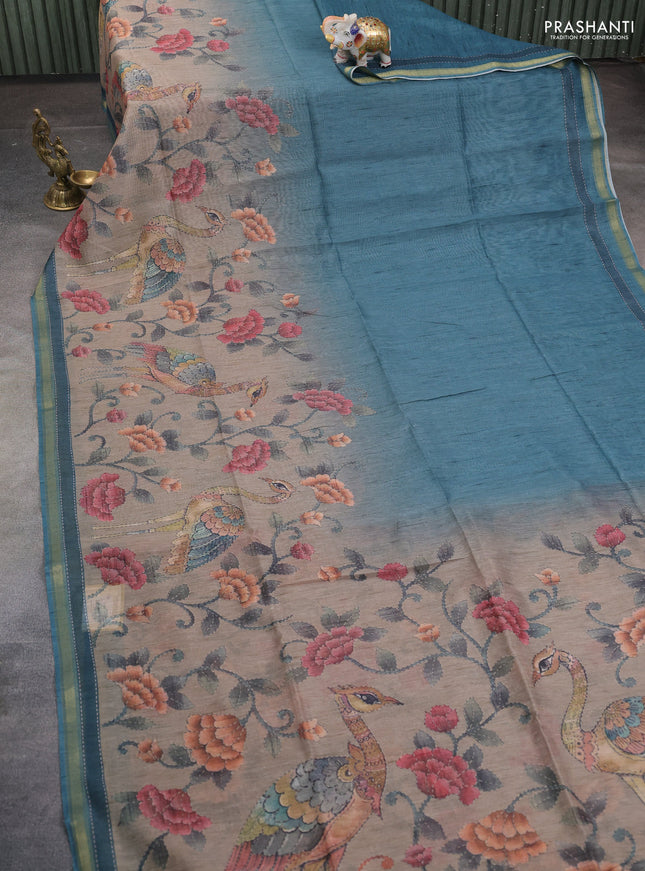 Art linen saree peacock blue and beige with plain body and printed pallu