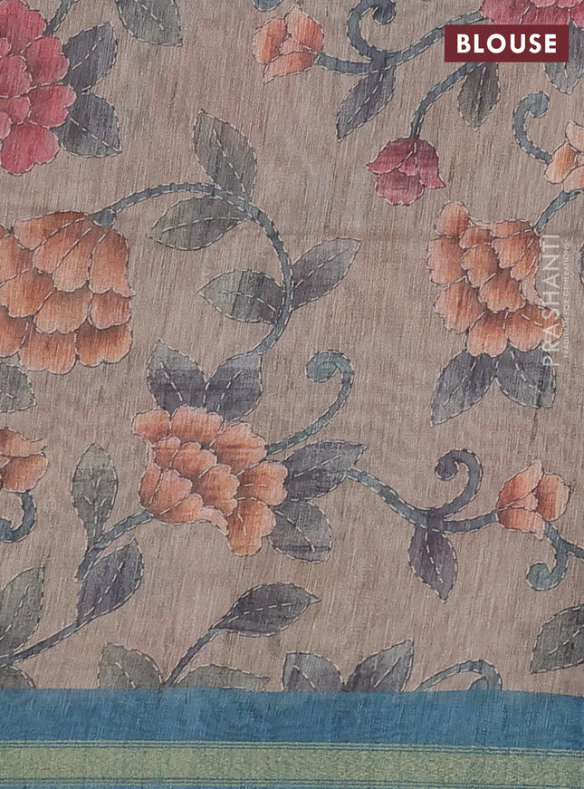 Art linen saree peacock blue and beige with plain body and printed pallu