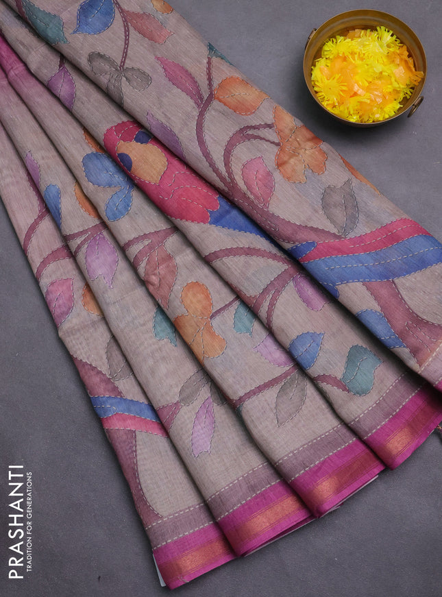 Art linen saree pink shade and pastel grey with plain body and printed pallu