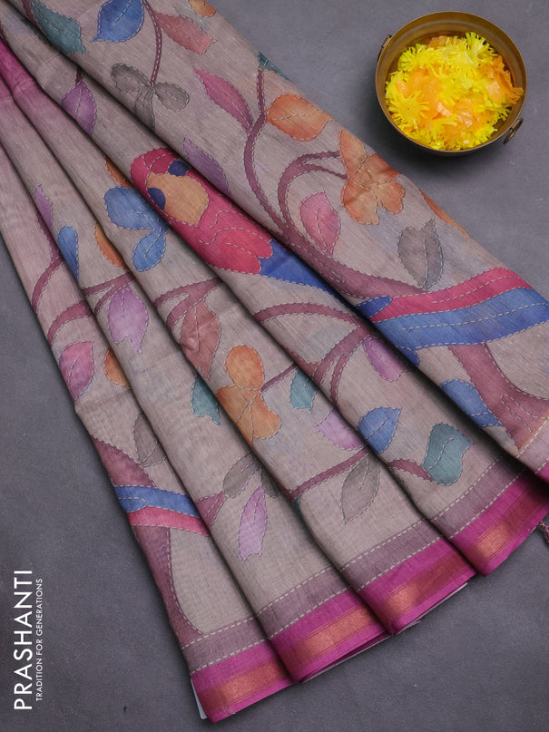 Art linen saree pink shade and pastel grey with plain body and printed pallu