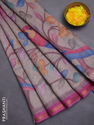 Art linen saree pink shade and pastel grey with plain body and printed pallu
