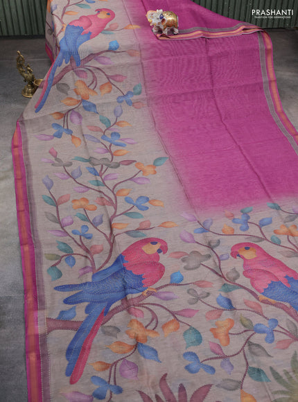 Art linen saree pink shade and pastel grey with plain body and printed pallu