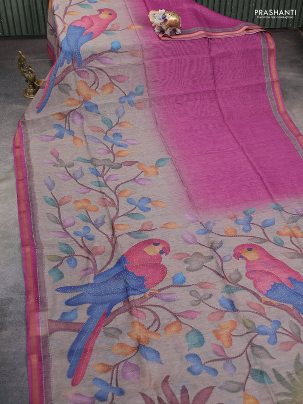 Art linen saree pink shade and pastel grey with plain body and printed pallu