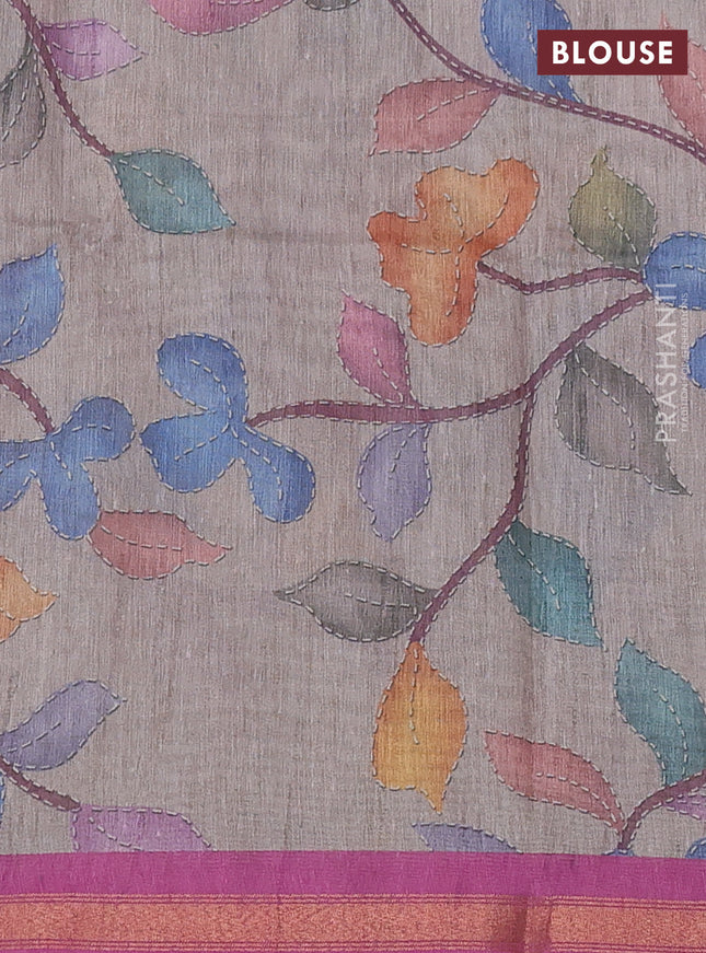 Art linen saree pink shade and pastel grey with plain body and printed pallu