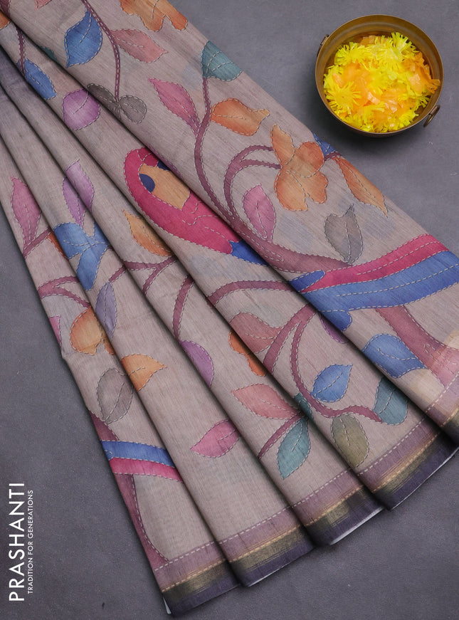 Art linen saree grey and beige with plain body and printed pallu