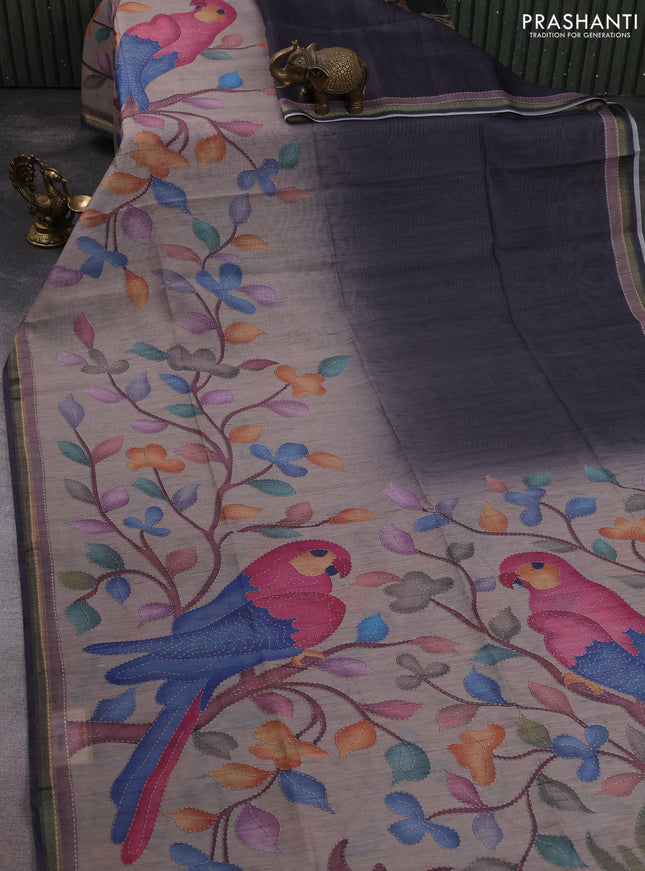 Art linen saree grey and beige with plain body and printed pallu