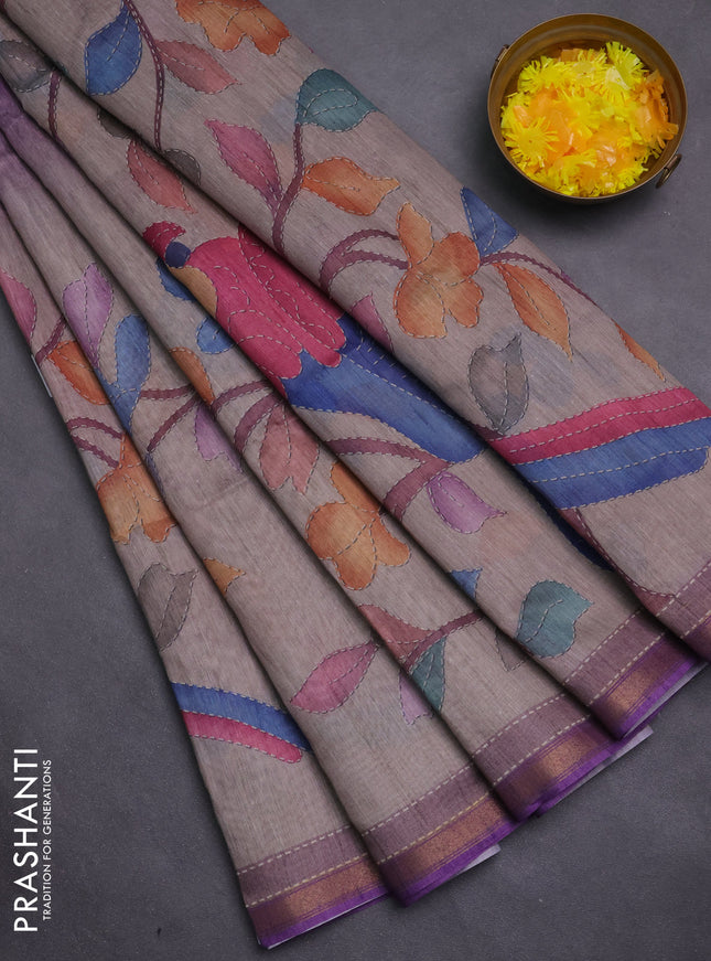 Art linen saree lavender and pastel grey with plain body and printed pallu