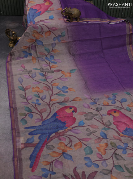 Art linen saree lavender and pastel grey with plain body and printed pallu
