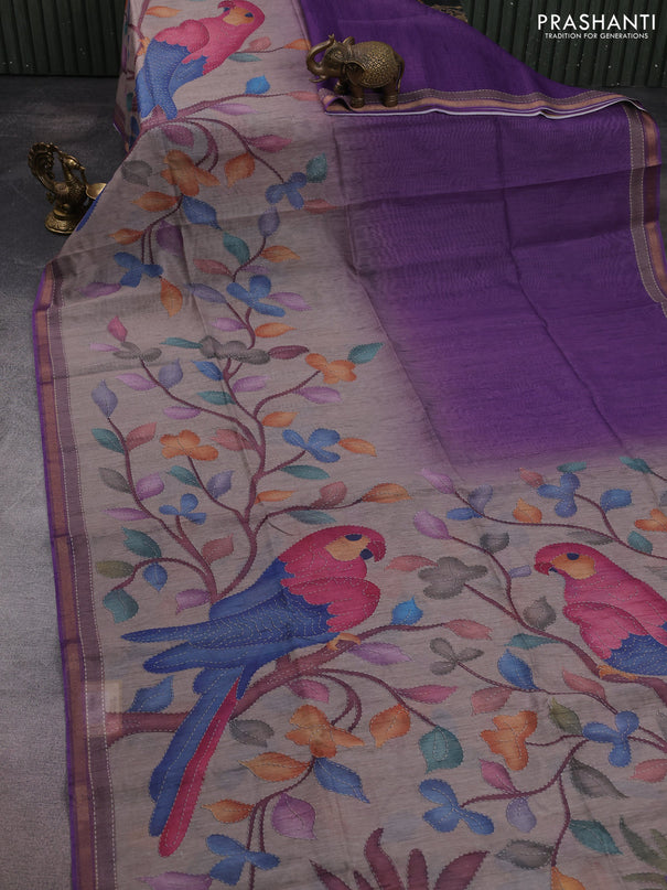 Art linen saree lavender and pastel grey with plain body and printed pallu