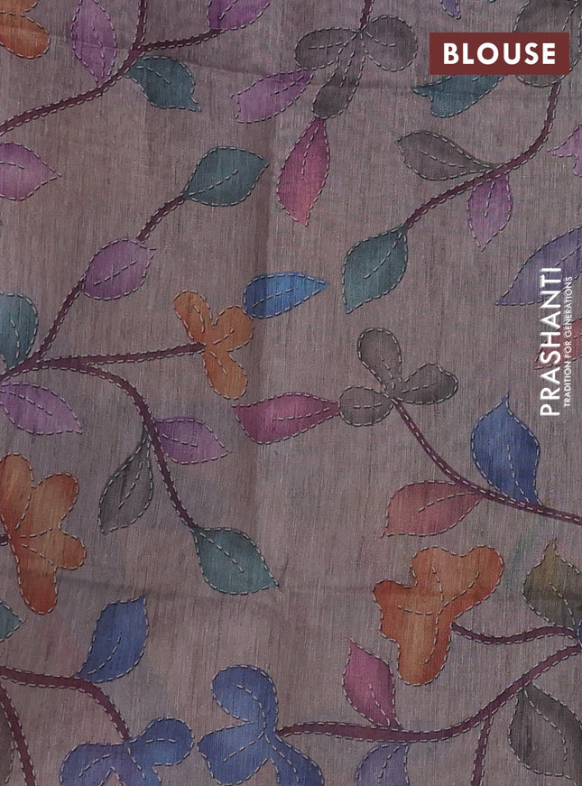 Art linen saree lavender and pastel grey with plain body and printed pallu