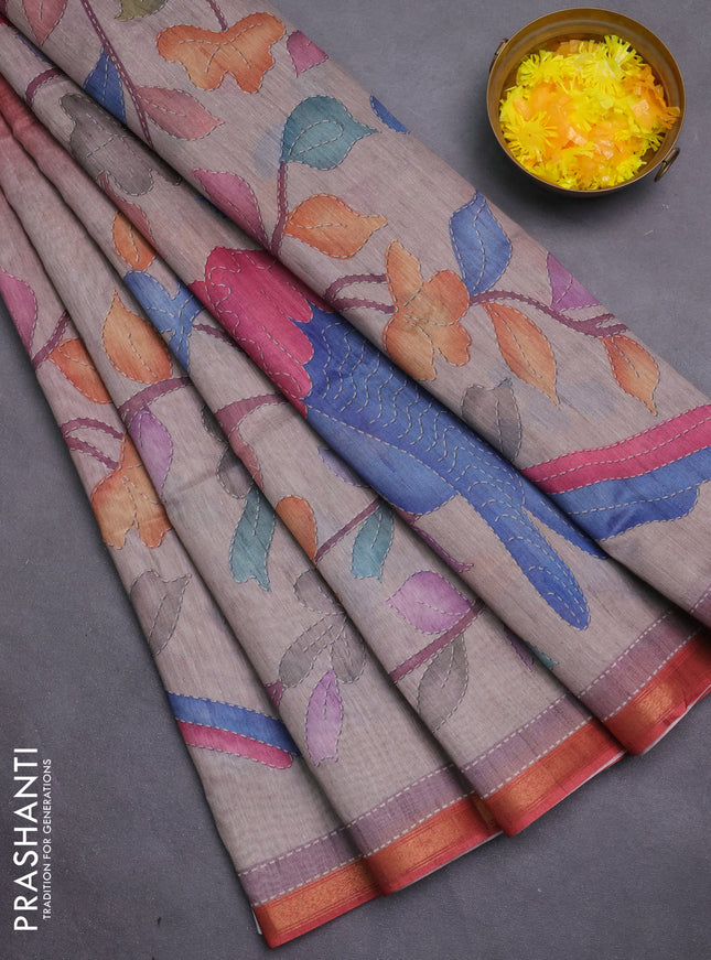 Art linen saree pastel brown and pastel grey with plain body and printed pallu