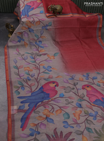 Art linen saree pastel brown and pastel grey with plain body and printed pallu