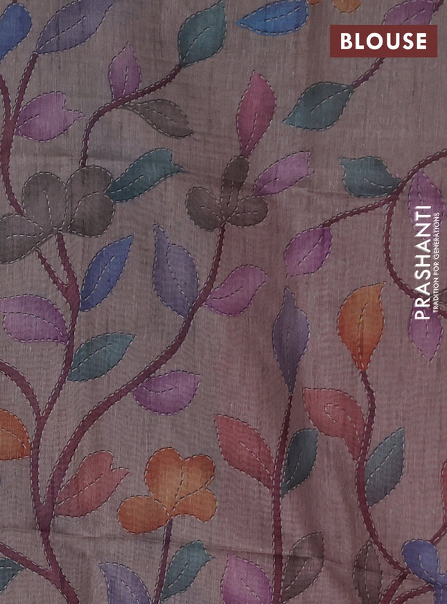 Art linen saree pastel brown and pastel grey with plain body and printed pallu