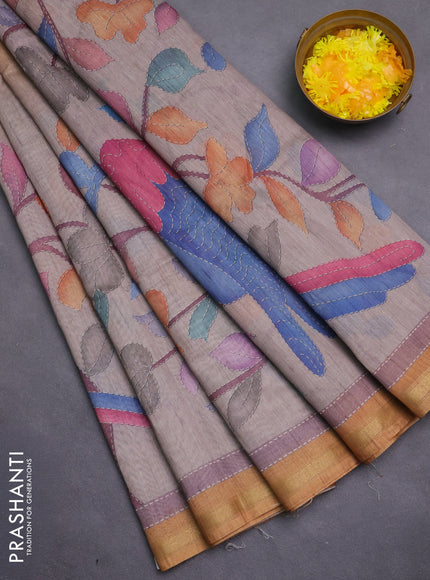 Art linen saree mustard shade and pastel grey with plain body and printed pallu
