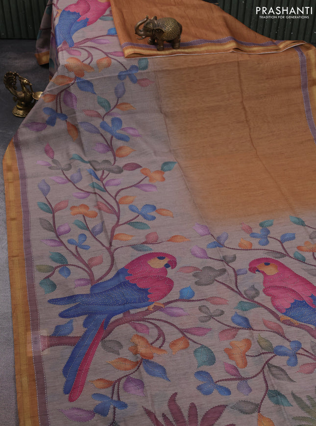 Art linen saree mustard shade and pastel grey with plain body and printed pallu