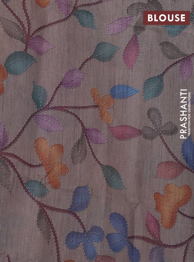 Art linen saree mustard shade and pastel grey with plain body and printed pallu