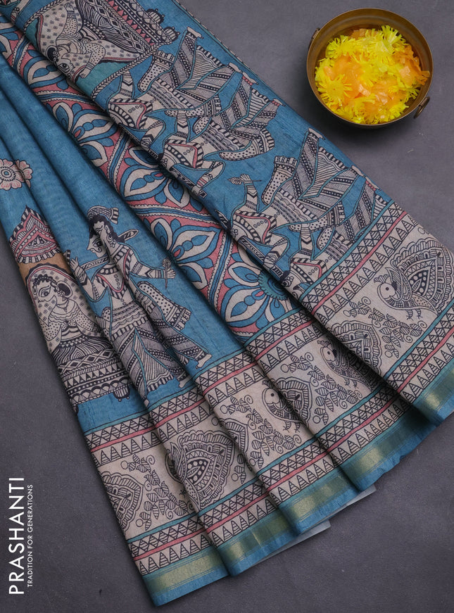 Art linen saree teal blue and beige with butta prints and madhubani printed pallu