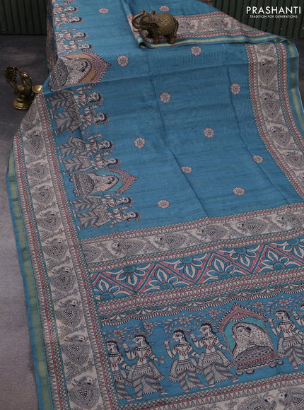 Art linen saree teal blue and beige with butta prints and madhubani printed pallu
