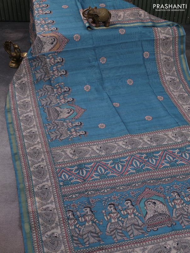 Art linen saree teal blue and beige with butta prints and madhubani printed pallu