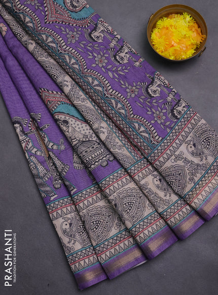 Art linen saree lavender and beige with butta prints and madhubani printed pallu