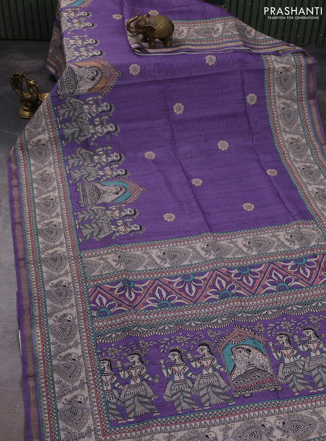 Art linen saree lavender and beige with butta prints and madhubani printed pallu