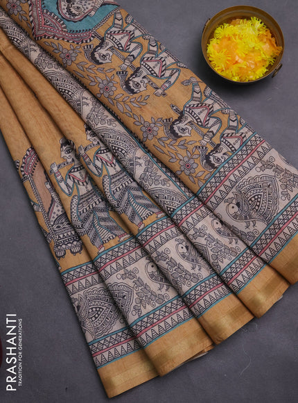 Art linen saree mustard shade and beige with butta prints and madhubani printed pallu