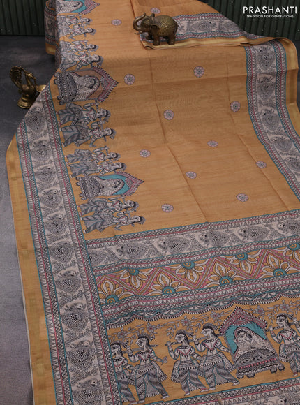 Art linen saree mustard shade and beige with butta prints and madhubani printed pallu