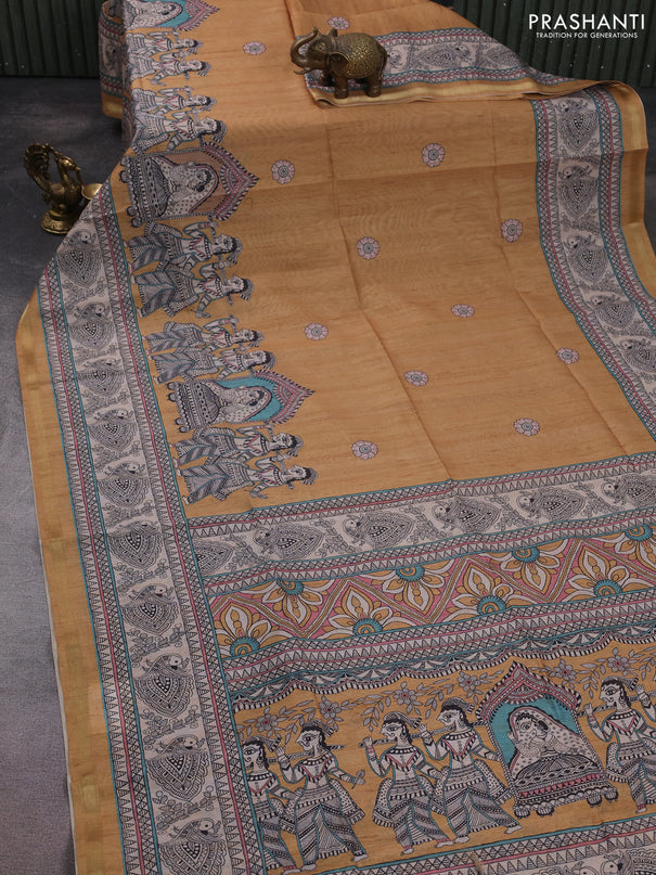 Art linen saree mustard shade and beige with butta prints and madhubani printed pallu