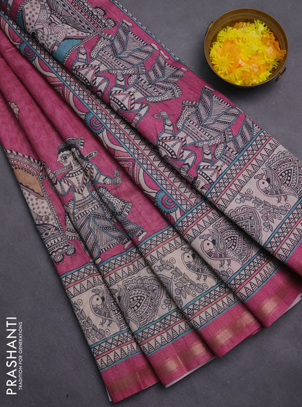 Art linen saree mauve pink and beige with butta prints and madhubani printed pallu