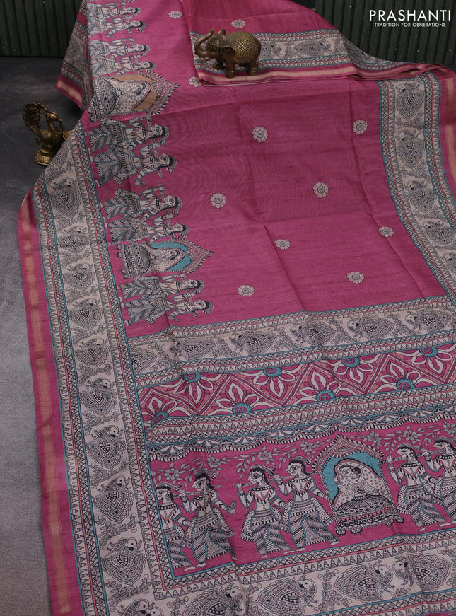 Art linen saree mauve pink and beige with butta prints and madhubani printed pallu