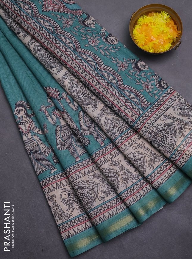 Art linen saree teal green and beige with butta prints and madhubani printed pallu