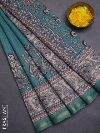 Art linen saree teal green and beige with butta prints and madhubani printed pallu