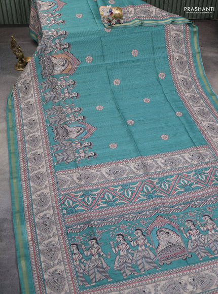 Art linen saree teal green and beige with butta prints and madhubani printed pallu