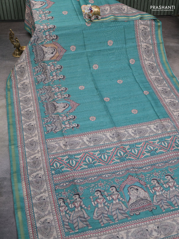 Art linen saree teal green and beige with butta prints and madhubani printed pallu